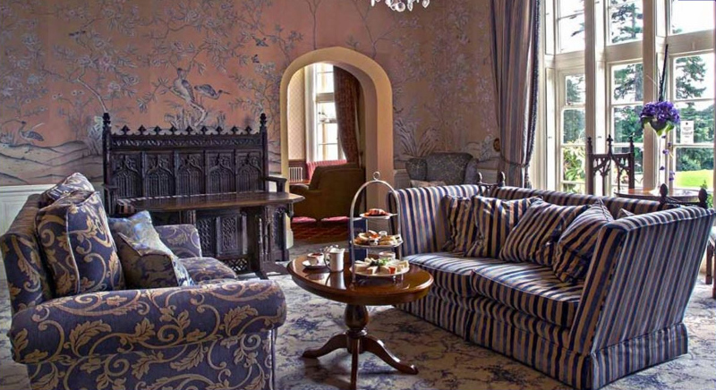 Elegant castle sitting room decorated in purple