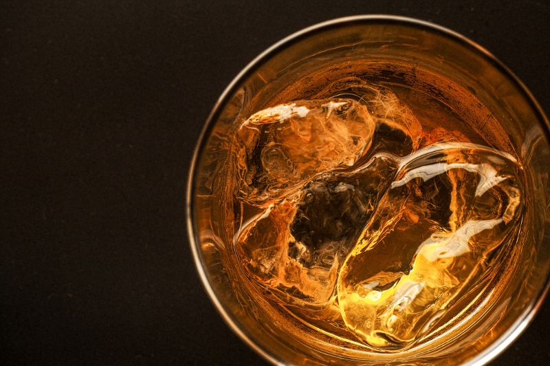 Top view of a glass of scotch whisky