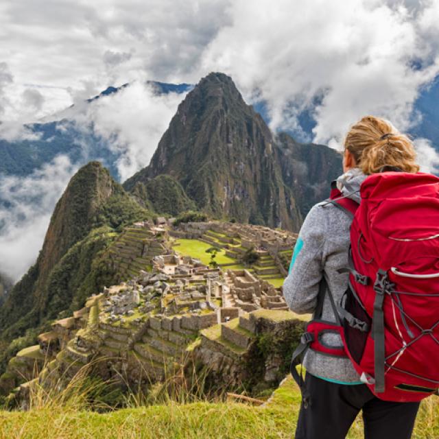 Woman with red backpack