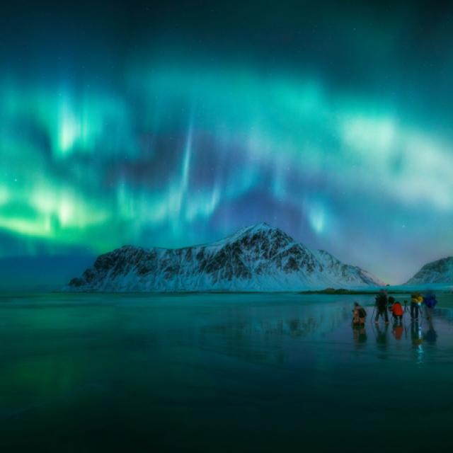 Aurora Borealis shining over Skagsanden Beach